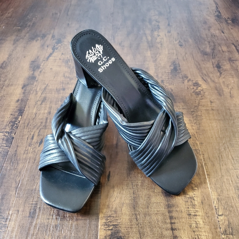 GC Dara Womens Open Toe Block Heeled Sandals Twist Cross Band Black New 9 1/2 US